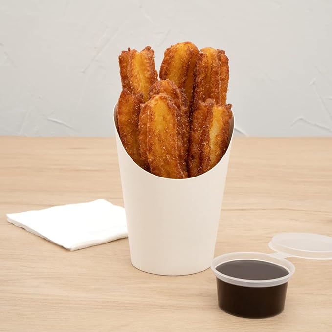 Restaurantware Bio Tek 12 Ounce French Fry Containers 100 Disposable Charcuterie Cups - Incline Design Round White Paper French Fry Cups Stackable For Waffles Chips or Popcorn