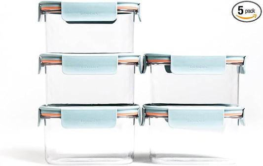 LocknLock LBF401RS5M Bisfree Modular Plus Food Storage Containers for Lunch, Meal Prep, Stackable, BPA-Free, Leakproof, Microwave, Dishwasher, Freezer-Safe, 10 Pieces, 5 Boxes and 5 Lids, Mint