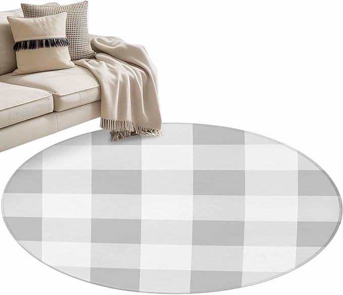 Washable Round Area Rug Light Grey White Plaid Circle Rugs Floor Carpet for Living Room Bedroom, Farmhouse Decoration Buffalo Check Soft Non Slip Round Rug 4ft