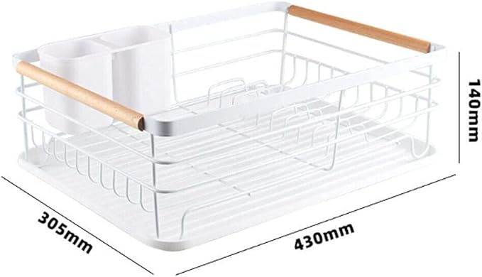 Modern Metal Wire Dish Drainer Kitchen Bowl Plate Holder Rack with Wooden Handle