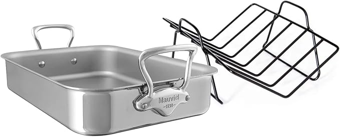 Mauviel M'Cook 5-Ply Polished Stainless Steel Roasting Pan With Rack, And Cast Stainless Steel Handles, 15.7 x 11.8-in, Made In France
