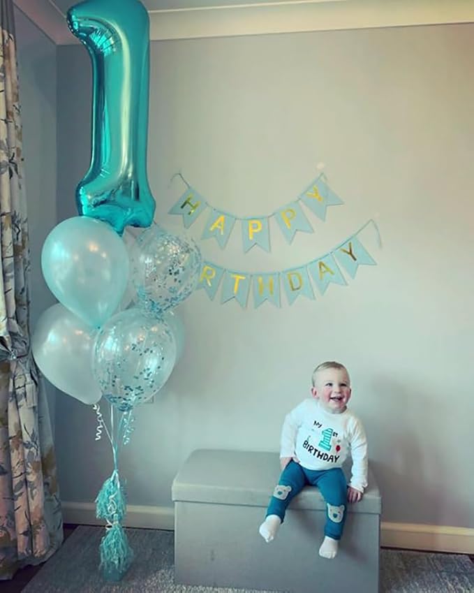 1 Balloons Number for First Birthday, Balloon Numbers 40 Inch, Blue Green Balloon for Baby Shower, Big Baloon for 1, 11, 21, 100 Birthday Wedding Anniversaries Party