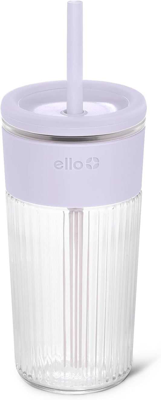 Ello Ava 18oz Glass Tumbler with Straw and Lid | Premium Ribbed Glass with Silicone Grip, Car Cup Friendly, Dishwasher Safe, BPA Free | Iced Coffee, Water, Matcha, Juice Cup | Sugarplum