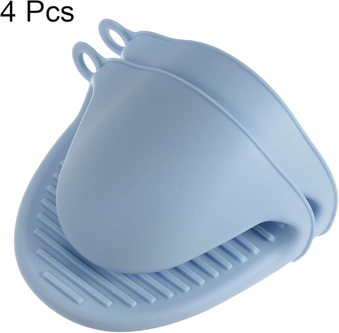 HARFINGTON 4pcs Thickened Mini Oven Gloves, Heat Resistant Silicone Oven Mitts Finger Pinch Grips Pot Holder for Kitchen, Cooking, Baking, BBQ Heat Resistant Gloves, Light Blue