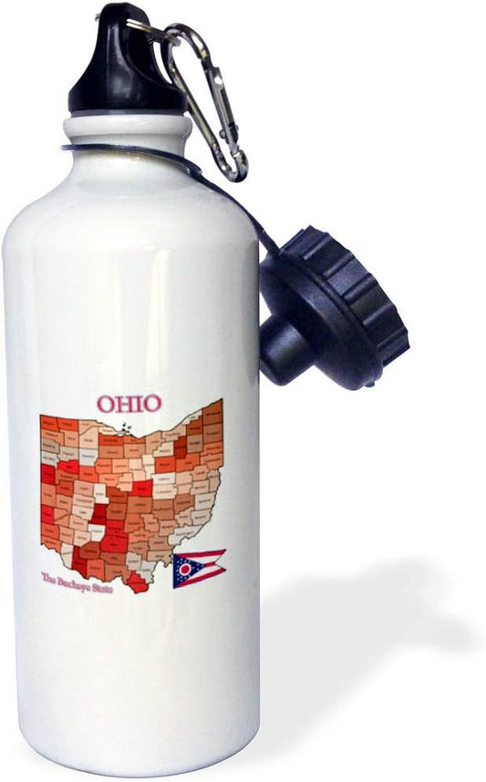 3dRose Map, Flag and Nickname of Ohio with All Counties Colored and Labeled-Sports Water Bottle, 21oz , 21 oz, Multicolor