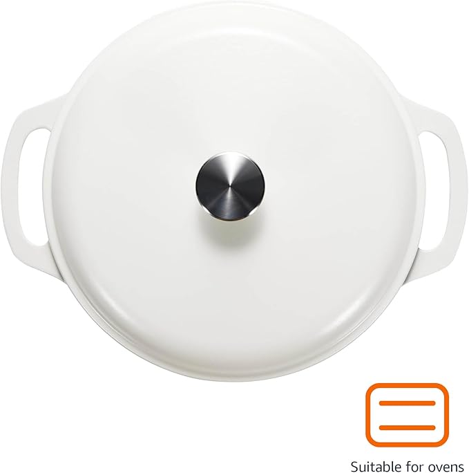 Amazon Basics Enameled Cast Iron Dutch Oven Pot with Lid, Round, Dual Handles, Heavy-Duty, Oven Safe for Stews, Roasting, Baking, 6-Quart, Matte White