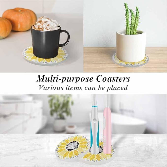 oFloral Gold Flower Coasters for Drinks Sunflower Nature Rustic Cups Place Mats for Home Decor Set of 2, 4 Inch
