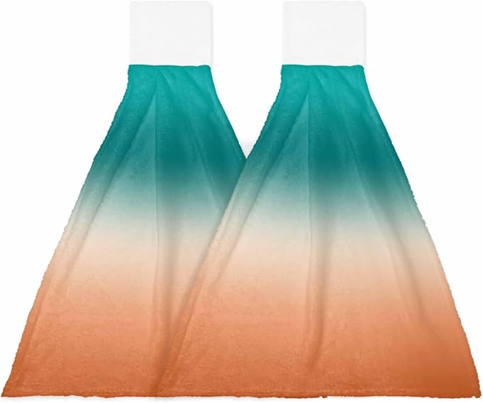 Alandar Home Kitchen Tie Towel Set of 2, Turquoise Orange Gradient Absorbent Soft Hand Towels for Bathroom Hanging Towels, Watercolor Stripes Ombre Fast Drying Cleaning Cloth with Loop