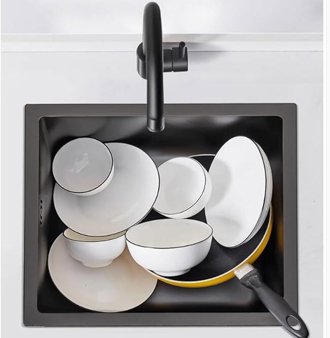 Single Bowl Restaurant Studio Bar Siphon Sink with Faucet Stainless Steel Small Size Single Bowl Sink Easy to Clean Sink Kitchen Washing Basin (Black 42 * 35 * 21cm)