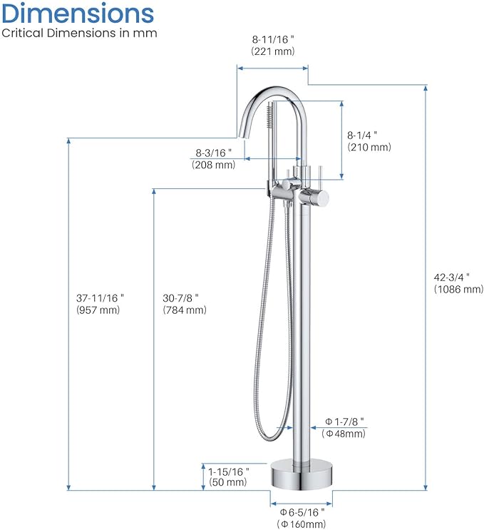 KIBI Circular Floor Mount Bathtub Faucet with Hand Shower | Single Handle Freestanding Tub Filler | Modern Bath Faucet for Tub and Shower | Chrome Finish, KTF301