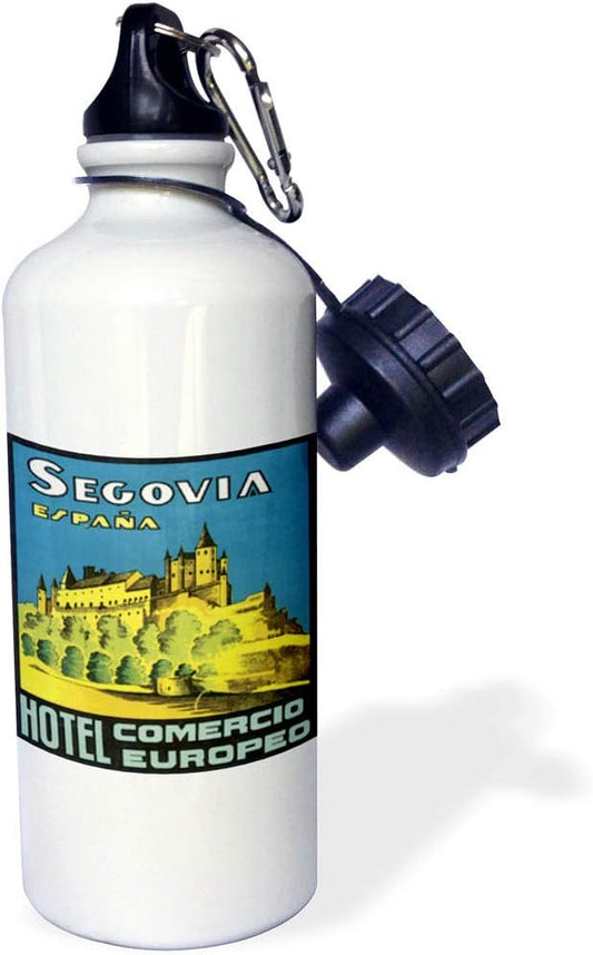 3dRose "Vintage Segovia Espana Hotel Comercio Europeo Spain Luggage Label" Sports Water Bottle, 21 oz, White