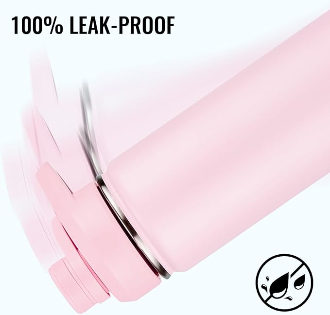 Fijinhom 24 oz Insulated Water Bottle with Handle, 304 Stainless Steel Water Bottles with Wide Mouth, Double Wall Vacuum Sports Water Bottle, BPA Free, Keep Cold and Hot, Pink