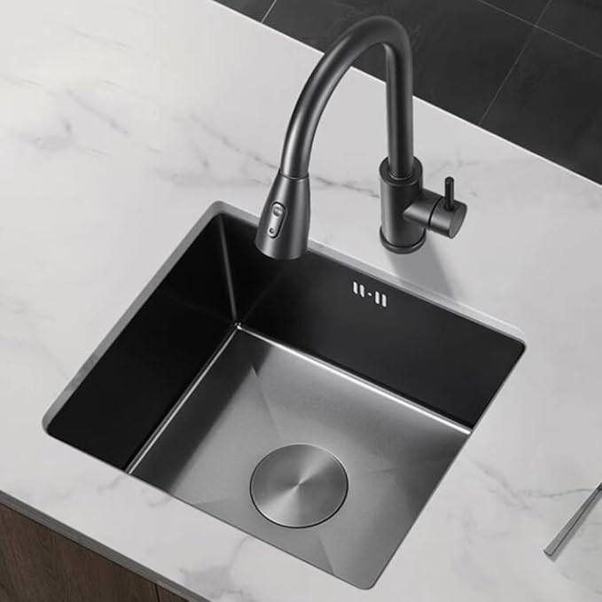 Single Bowl Restaurant Studio Bar Siphon Sink with Faucet Stainless Steel Small Size Single Bowl Sink Easy to Clean Sink Kitchen Washing Basin (Black 48 * 40 * 21cm)