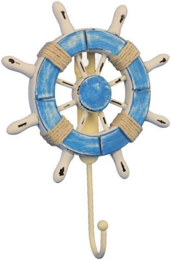 Hampton Nautical Wheel-6-109 Rustic Decorative Ship Wheel with Hook, 6", Light Blue and White