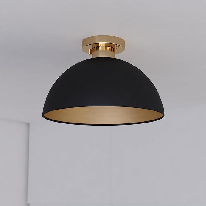 VAXCEL Devon 12.75 inch Matte Black and Satin Brass Semi Flush Ceiling Light, Mid-Century Modern Design, Large Open Dome, Dimmable, E26 LED Compatible, Mounting Hardware Included