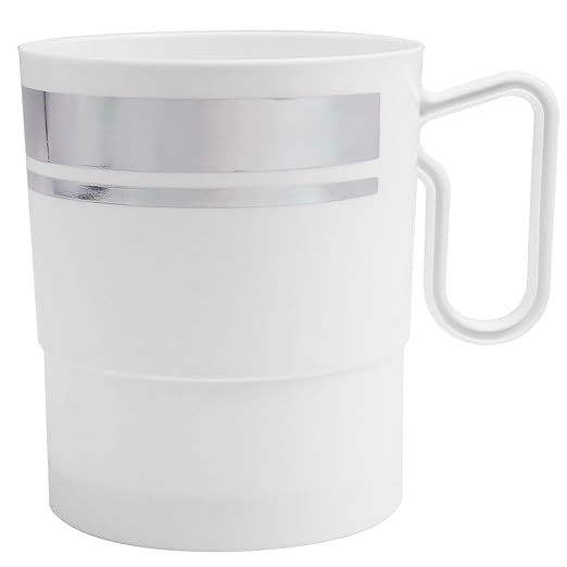 Party Essentials Bistro Hard Plastic Coffee Cup/Tea Mug w/Handle, 40 Count, 8-Ounce, White with Silver Rim