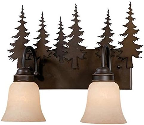 VAXCEL Yosemite 2-Light 16.75 inch Wide Burnished Bronze Rustic Cabin Bathroom Vanity Lighting Fixture, Amber Flake Glass Shade, Tree Motif, Dimmable, LED Compatible, Over the Mirror Wall Mounted