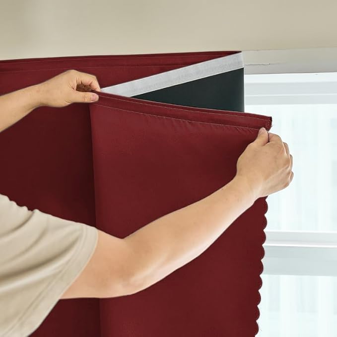 AJAZZ 100% Black Out Curtains Adhesive Blackout Temporary Curtain Rod No Drilling Window Shade Blackout Curtains for Bedroom, Living Room, Kitchen, Home Office (Burgundy, 47" W X 84" L) 1 Panel