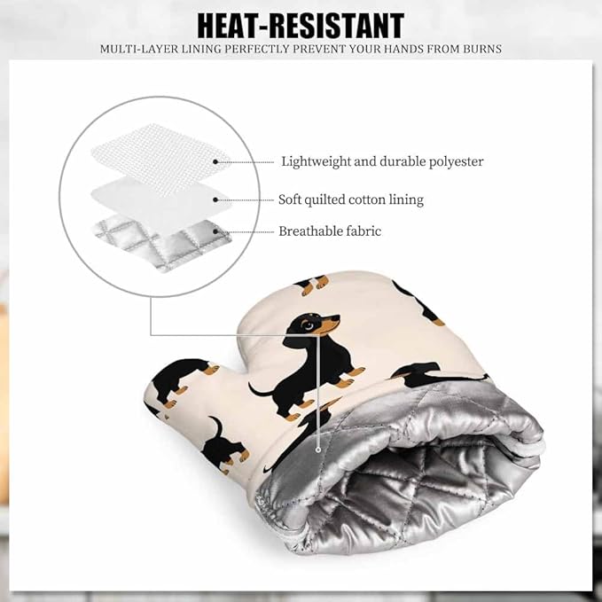 Mxocom Dachshunds Silicone Oven Mitts and Pot Holders Sets Hand Drawn Style Dog BBQ Gloves for Kitchen,Cooking,Baking,Grilling