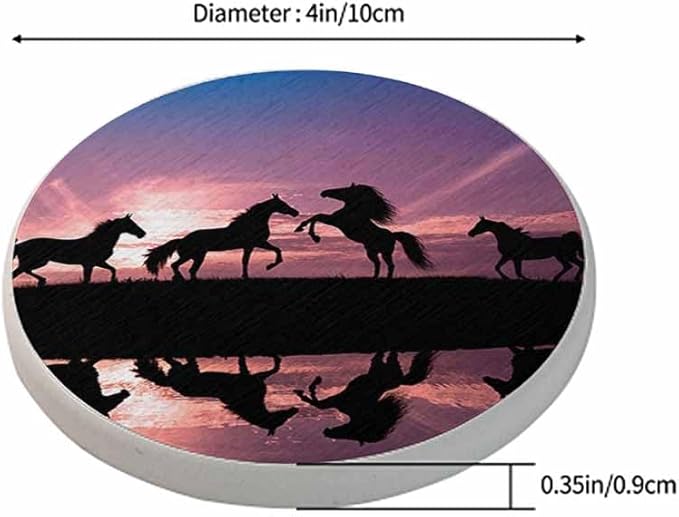 Horses Sunset Coasters for Drinks Horses with Water Reflection Absorbent Ceramic Drink Coaster for Coffee Wooden Table Home Decor Set of 2