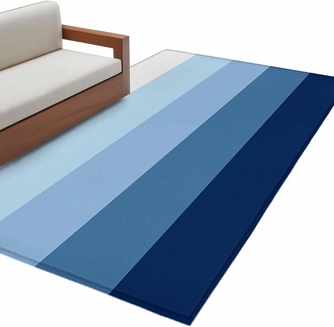 Area Rug 4x6ft, Minimalist Blue White Ombre Stripe Washable Rugs for Living Room Bedroom, Modern Gradient Art Soft Non-Slip Area Rugs Rectangle Floor Carpet for Dining Room