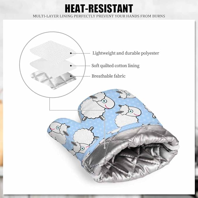 Mxocom Sheep Heat-Resistant Oven Mitts and Pot Holder Cute Animal White Sheep Llama Blue Polka Dots Kitchen Non-Slip Cooking Microwave Gloves for Cooking Baking Grilling