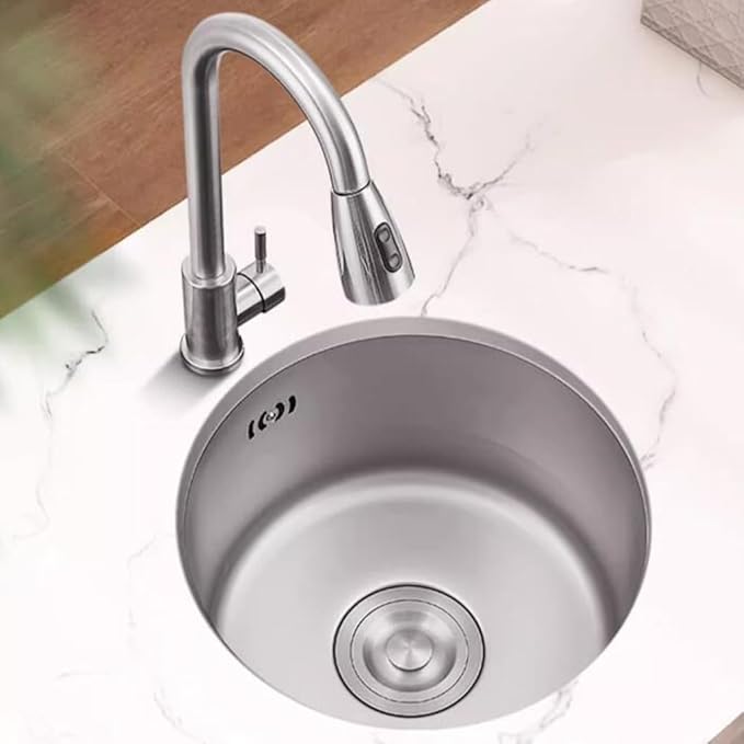 Single Bowl Silver Round Sink Mini Small Single Slot Bar Balcony Stainless Steel Sink Kitchen Under Counter Vegetable Washing Basin (Silver 40 * 40cm)