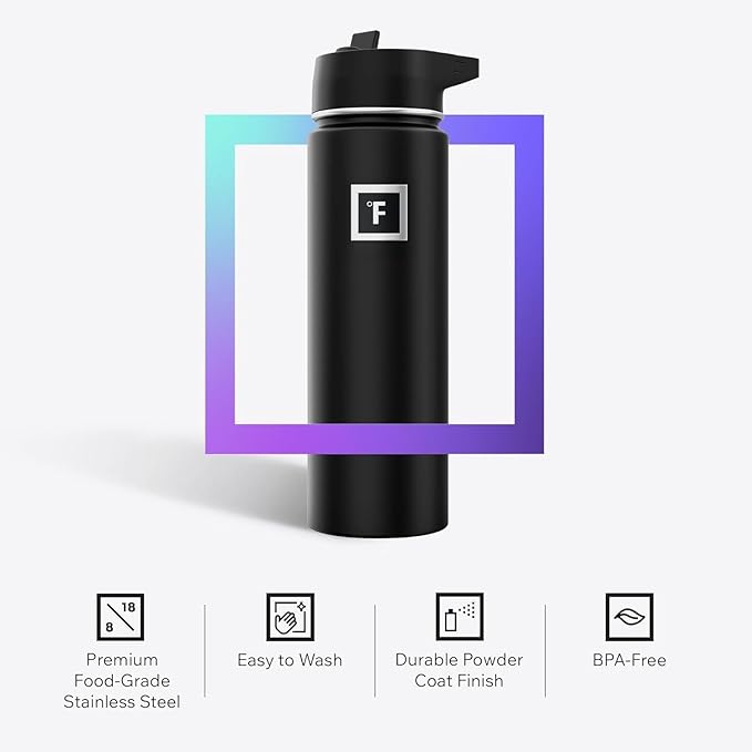 IRON °FLASK Camping & Hiking Hydration Flask with Straw, Wide Mouth Insulated Stainless Steel Sports Water Bottle - 40 oz Midnight Black