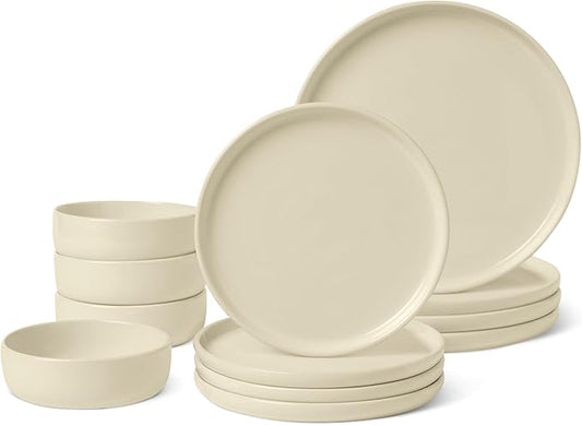 Amazon Basics Glazed Stoneware Dinnerware Set, Ceramic, Dishwasher-Safe, Freezer-Safe, 4 Full Place Settings, 12-Piece, Ivory