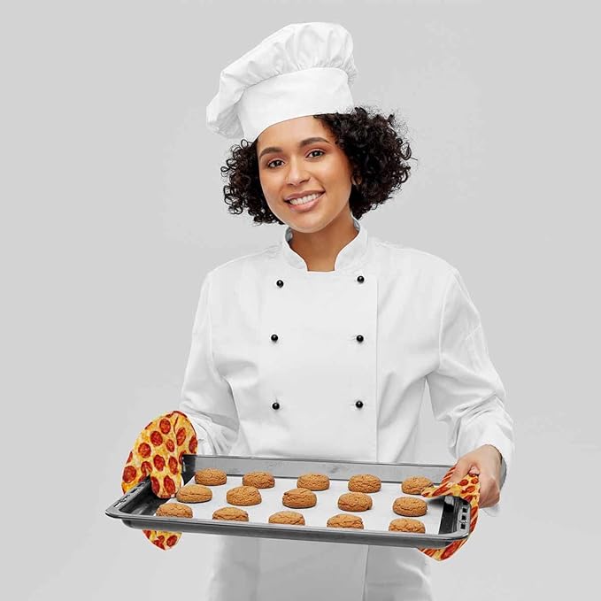 Mxocom Pepperoni Pizza Heat-Resistant Oven Mitts and Pot Holder a Seamless Food Texture Kitchen Non-Slip Cooking Microwave Gloves for Cooking Baking Grilling