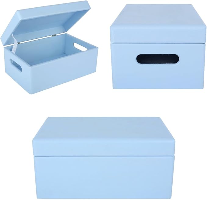 Creative Deco Large Blue Wooden Box Storage with Hinged Lid | 11.8x7.87x5.51in (+-0.5) | Keepsake with Handles | Gift Box for Tool Dog Toy Shoes Kitchen Storage | Wood Keepsake Chest Trunk