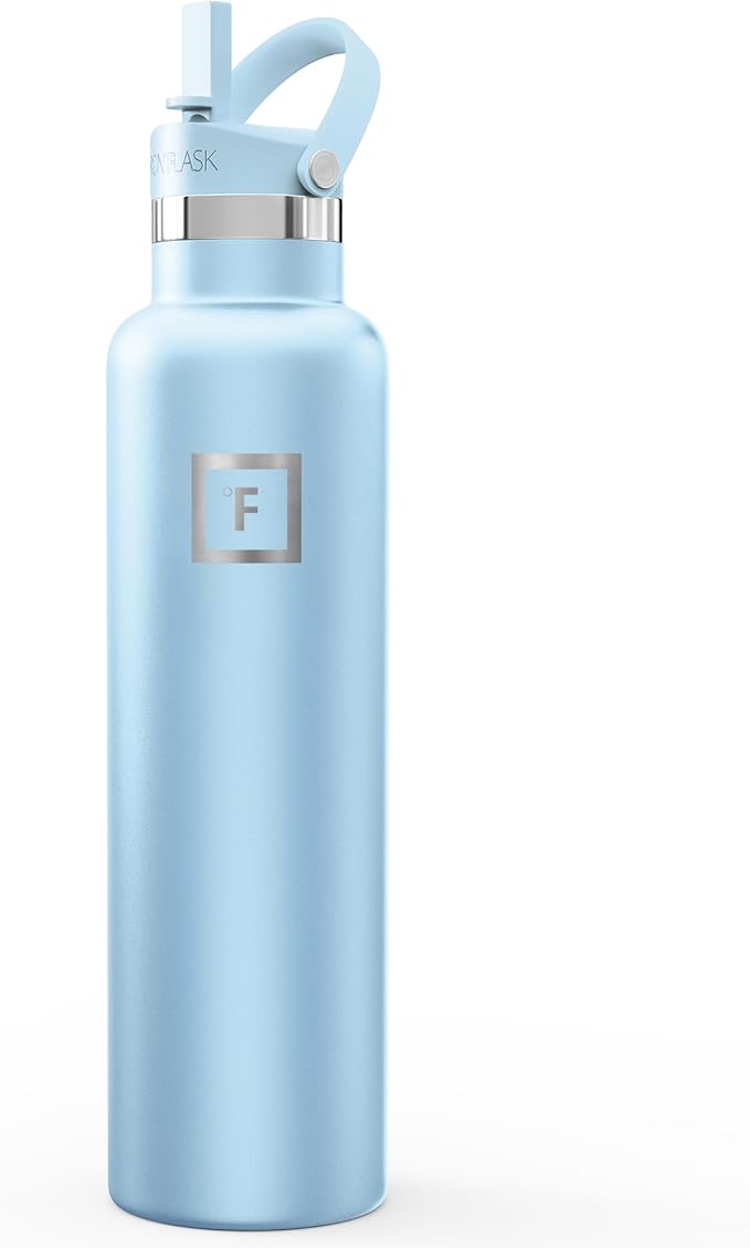 IRON °FLASK Camping & Hiking Hydration Flask with Straw, Narrow Mouth Insulated Stainless Steel Sports Water Bottle - Morning Mist 24 oz - Straw (1 Lid)