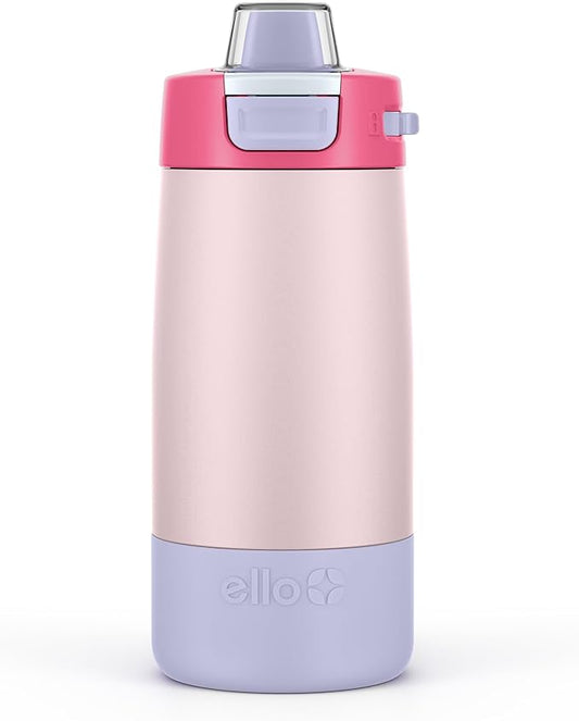 Ello Kids Colby 12oz Stainless Steel Insulated Water Bottle with Straw and Built-In Silicone Coaster Carrying Handle and Leak-Proof Locking Lid for School Backpack, Lunchbox, and Outdoor Sports