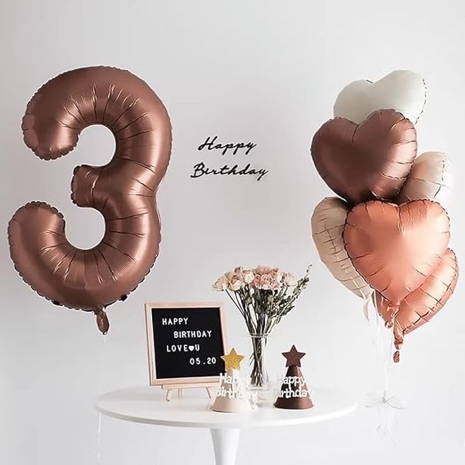 Numbers Balloon 3, 40 Inch Large Coffee Brown Balloon for Three Year Old Birthday Decor, 3 13 30 31 Birthday Party Decorations for Wedding Supplies