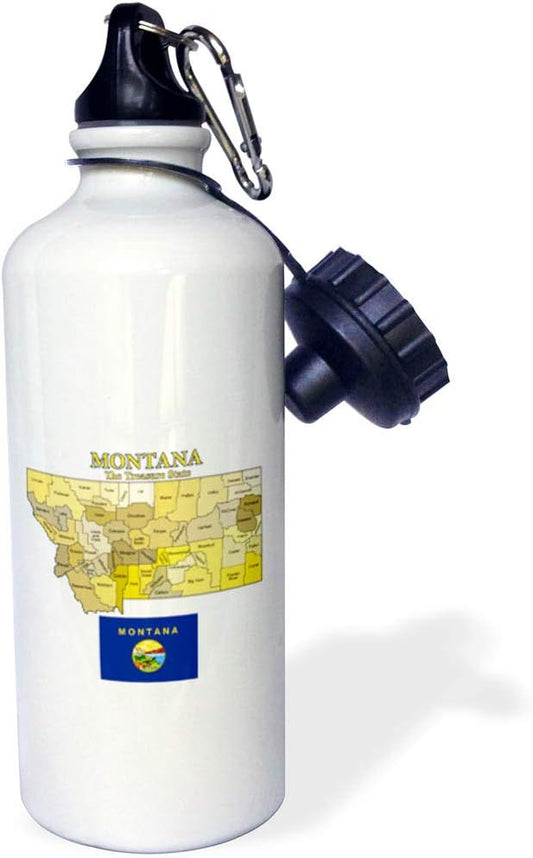 3dRose Map and Flag of Montana with State Nickname. All Counties Labeled-Sports Water Bottle, 21oz , 21 oz, Multicolor