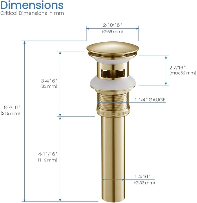 KIBI Bathroom Sink Pop-Up Drain with Overflow (Full Cover) | Lavatory Vanity Drain Stopper | Durable Leak-Proof Sink Drain for Bathroom, Kitchen, and Lavatories | Brushed Gold, KPW102