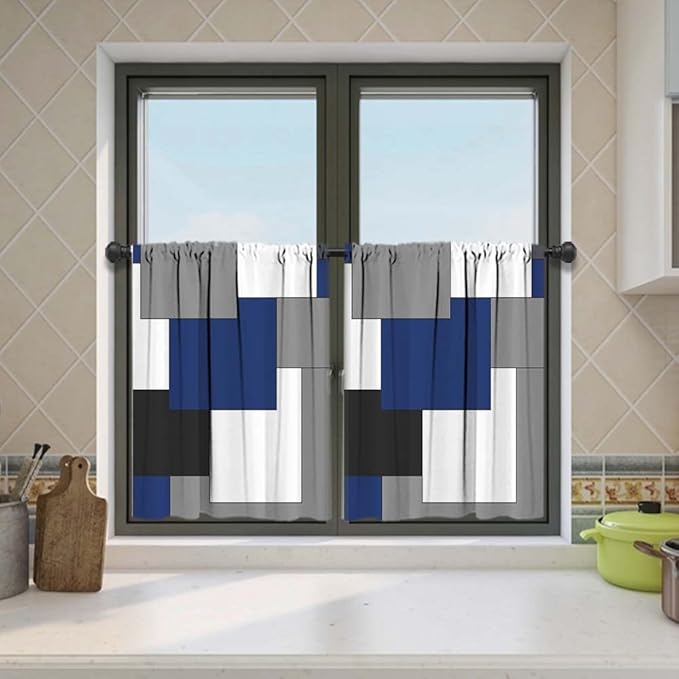 MCALK Navy Blue Blackout Kitchen Curtains Tiers Set 2 Piece for Windows Grey and Black Kitchen Window Curtains Set,White Modern Abstract Art Valances for Living Room(24" Tiers Set)