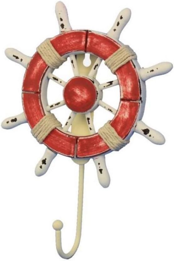 Hampton Nautical Wheel-6-110 Rustic Decorative Ship Wheel with Hook, 6", Red/White