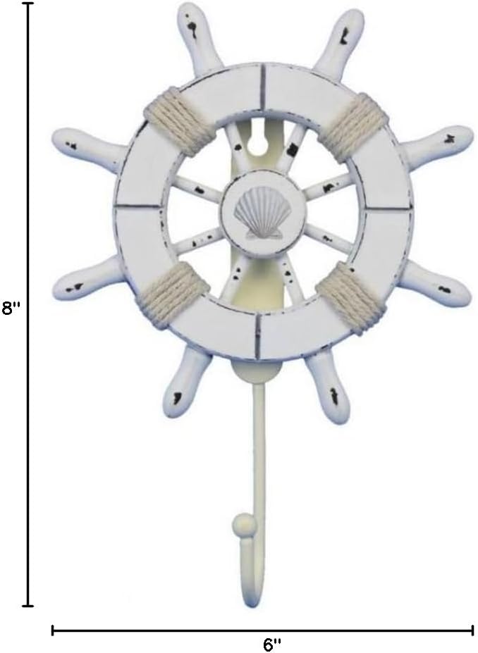 Handcrafted Nautical Decor Rustic All White Decorative Ship Wheel with Seashell with Hook 6" - Wooden Ship