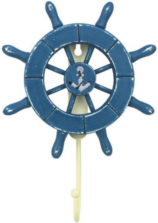 Rustic All Light Blue Decorative Ship Wheel with Anchor with Hook 6 Inch - Wooden Ship Wheel - Ships Wheel