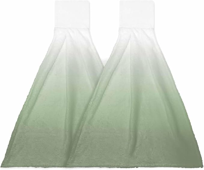 Alandar Home Kitchen Tie Towel Set of 2, Sage Green White Color Gradient Absorbent Soft Hand Towels for Bathroom Hanging Towels, Minimalist Ombre Art Fast Drying Cleaning Cloth with Loop