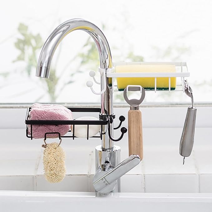 Hemobllo Faucet Storage Rack for Kitchen Sink Sponge Holder with Clamp Design Easy Installation Removable Fixture Keeps Soap Sponge Dry White