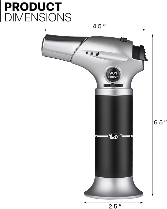 mollie Mini Butane Torch Lighter with Adjustable Flame, Small Refillable Kitchen Cooking Blow Torch for Creme Brulee, Windproof Baking Torch with Safety Lock, Silver (Butane Gas Not Included)