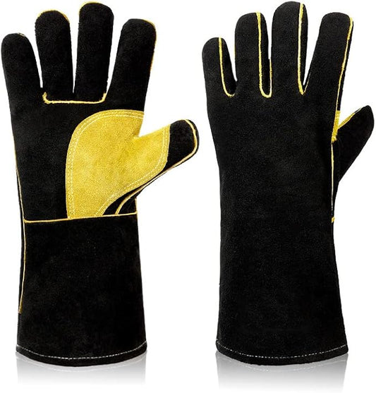 Heat Resistant Gloves for Grill BBQ,Long Sleeve Grill Gloves for Baking,Oven,Fireproof, Stove,Welder,Welding,Fireplace (Bblack-Yellow)