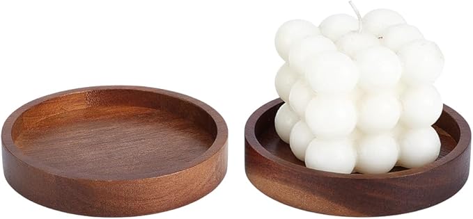 NBEADS 2Pcs Wood Candle Tray, 3.94 inch Acacia Coasters for Candles Flat Round Natural Wood Plant Trays for Home Dining Table Kitchen Accessories Bar Decorative, Coconut Brown