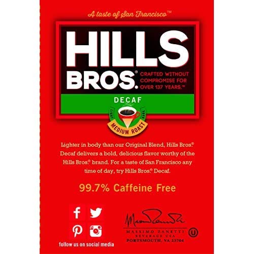 Hills Bros. Decaffeinated Ground Coffee – Premium Arabica Coffee Beans – Medium Roast, Rich Flavor Cup After Cup – Recyclable Steel Can for Freshness – Certified Kosher – 23 OZ Can