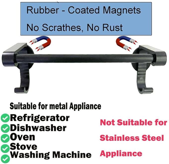 Magnetic Towel Bar with 2 Hooks for Kitchen Tongs Holder Oven Gloves Storage,Towel Holder Towel Hook Hanger for Fridge, Kitchen Stove, Oven, Dishwasher, Sink Laundry Washing Machine, Black