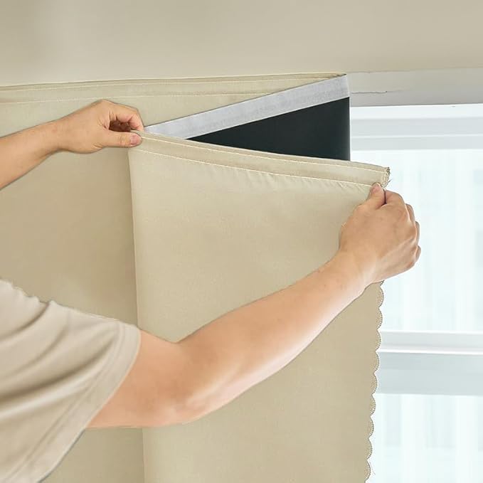 AJAZZ 100% Blackout Shades Window Cover Self Adhesive Curtains Sticky Curtain Portable Easy Open Blackout Curtains for Bedroom Living Room No Drilling (Beige, 35" W x 71" L) 1 Panel