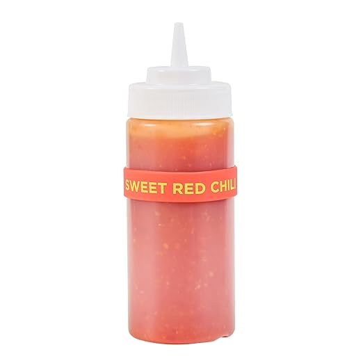 Restaurantware Silicone Squeeze Bottle Band 10 Count 2.75 Inch Dishwasher Safe Condiment Identification Band, Sweet Red Chili Red Non-Slip Label Band for Condiment Labeling at Restaurants, Food Trucks
