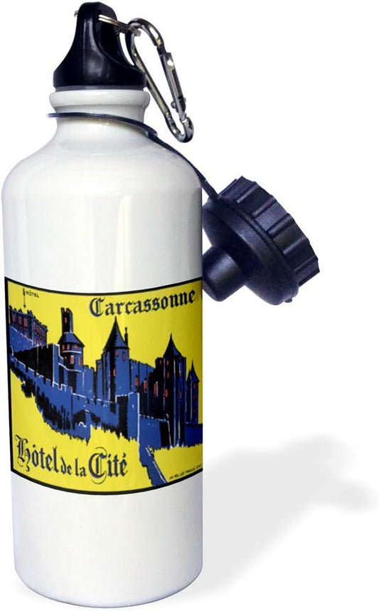 3dRose "Vintage Hotel de la Cite Carcassonne France Luggage Label" Sports Water Bottle, 21 oz, White